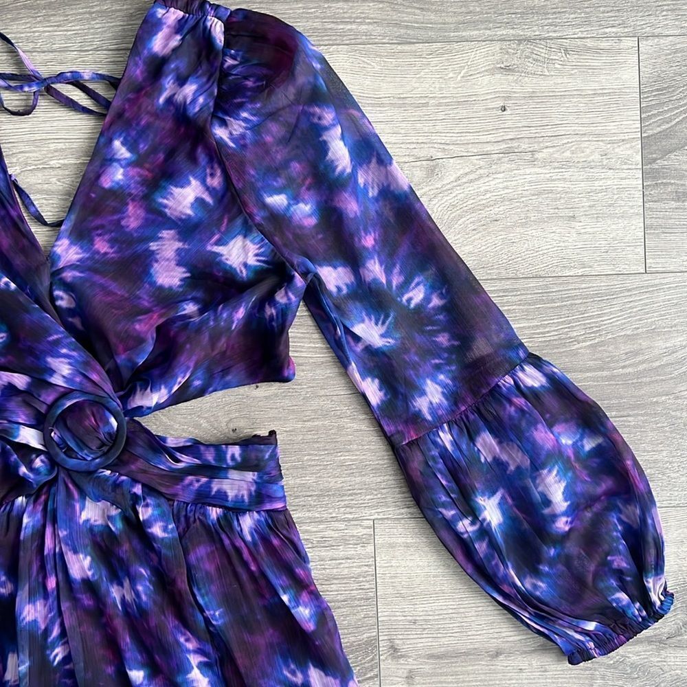 ShopBop RAHI Leila Cut Out Midi Dress Front Slit Chiffon Purple Tie Dye Small - Picture 5 of 12